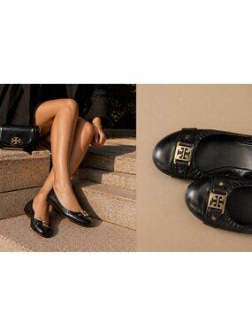 Tory Burch Reva Ballet Flats Black Leather Gold Logo Elastic Comfort Shoes 11 M